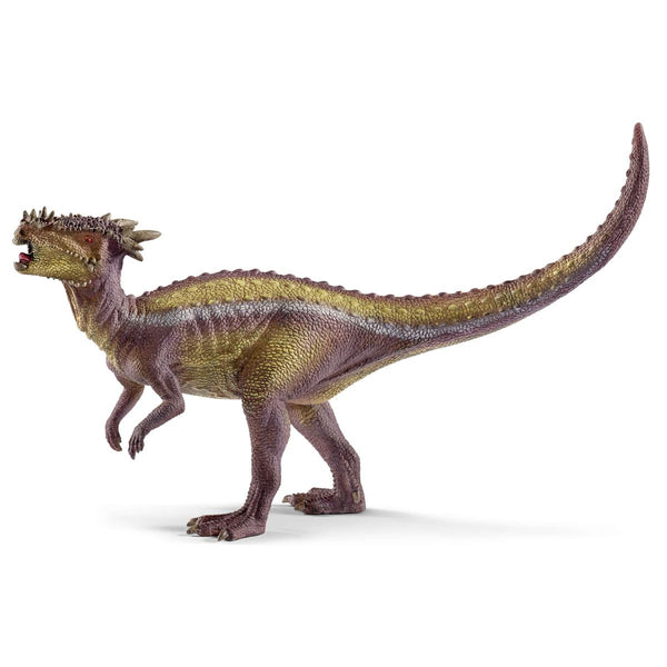 a dinosaur figurine called dracorex with brown and yellow coloured skin and spines on its head