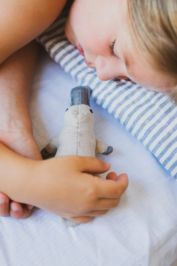 a little playtpus rattle being held by a sleeping child