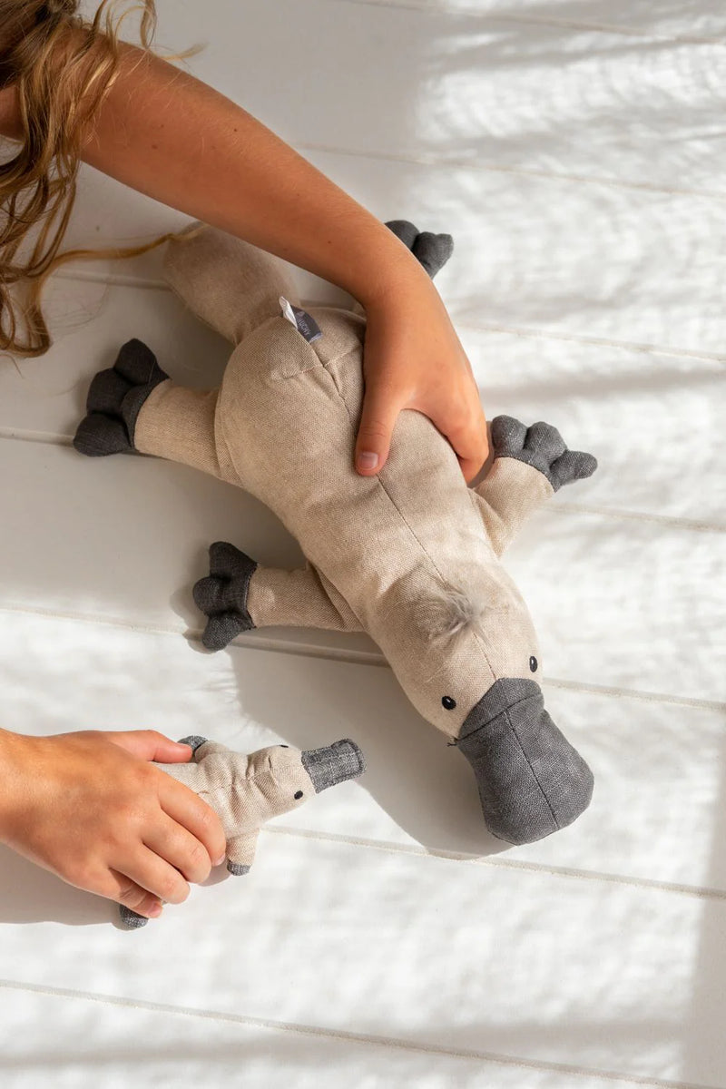 a larger platypus soft toy with the small platypus  