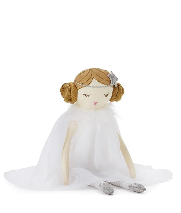 a doll sitting with white tulle outfit and buns in her hair and a silver star headband