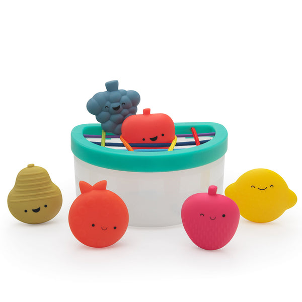 sassy baby little fruit characters in a bucket encouraging tactile play