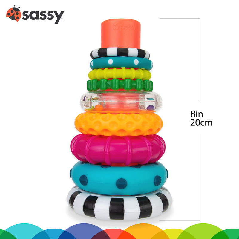 stack of coloured and different textured rings for baby to stack up