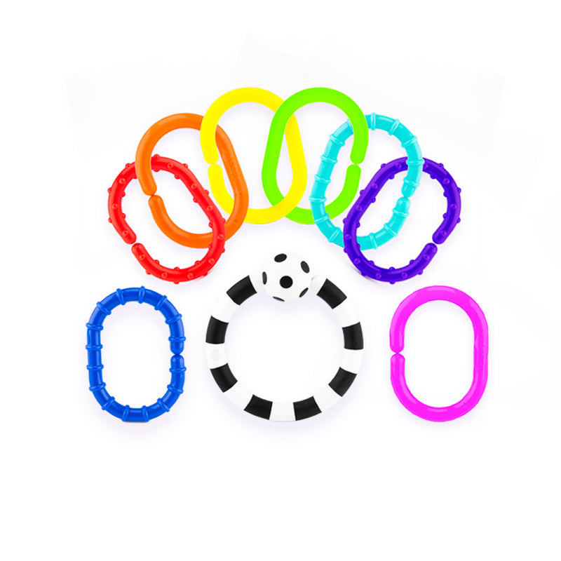 eight colourful removeable chain links on a black and white ring make a colourful sensory baby rattle