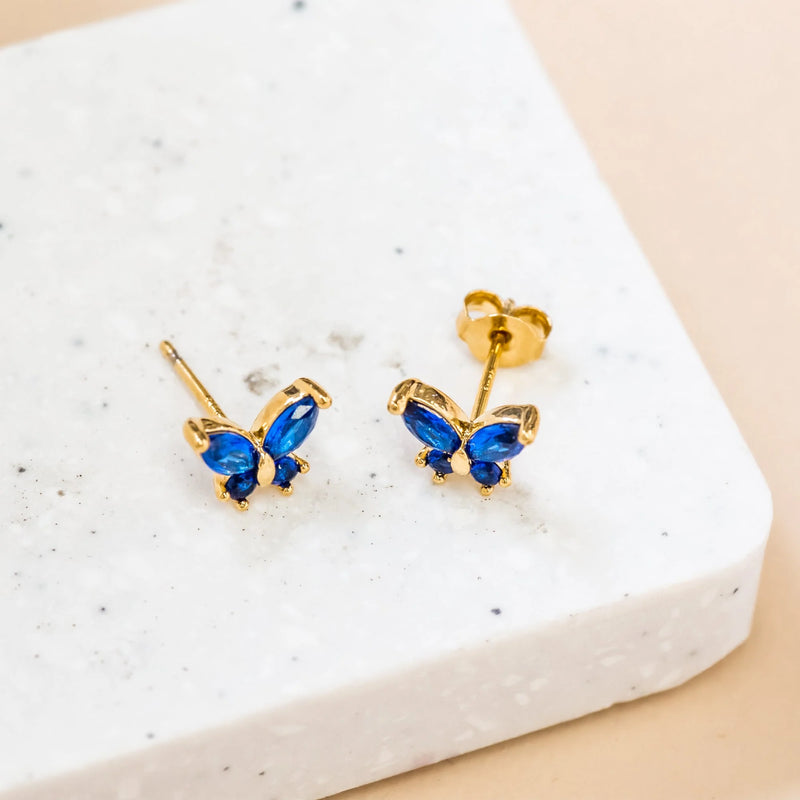 Short Story Earring Diamanté Butterfly Blue Gold