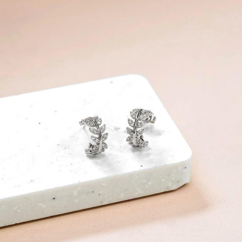 Short Story Loop Earring Diamanté Leaf Silver