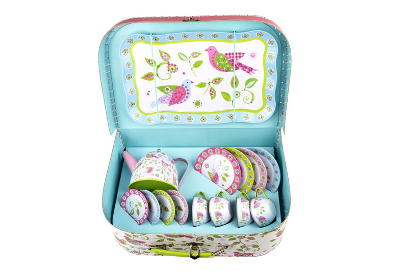 Tin Tea Set In Suitcase - Bird Design