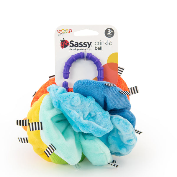 a sassy baby colourful toy with textured scrunchies on a textured ring 