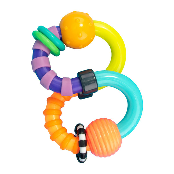 a close up of the twisting rattle toy 