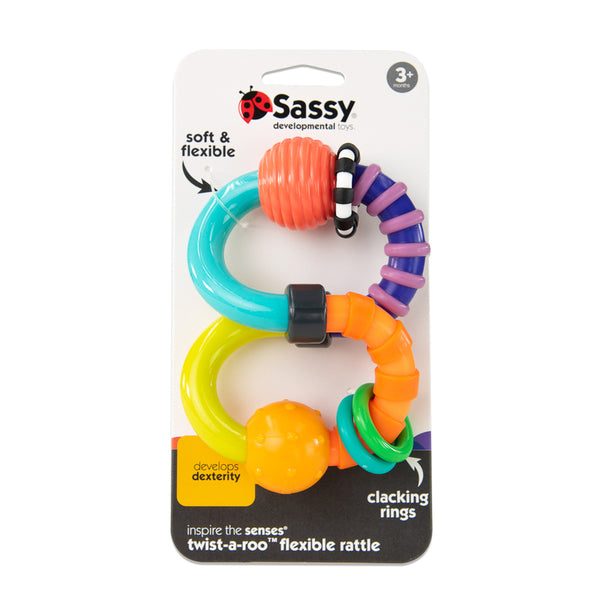 sassy baby twisting flexible rattle with different patterns and textures