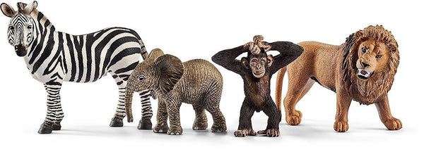 schleich female zebra figurine with a baby elephant chimpanzee and male lion