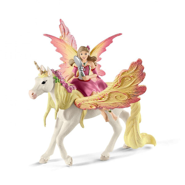 schleich fairy feya on a white unicorn holding a silver mirror