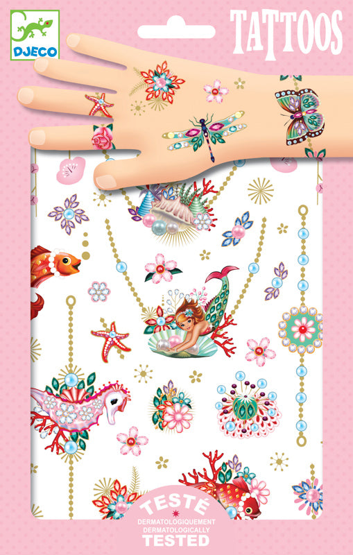 Beautiful tattoos that look similar to wearing jewels - pretty mermaids, butterfly, fish. Recommended age 3+