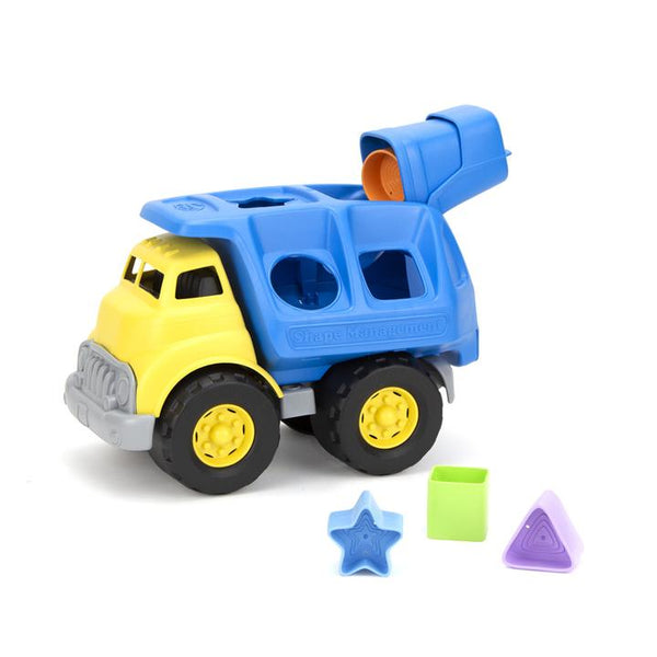 green toys shape sorter truck with a scoop to dump the shapes in like a rubbish truck 