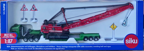 Siku - Heavy haulage transporter with cable excavator, wrecking ball and signs