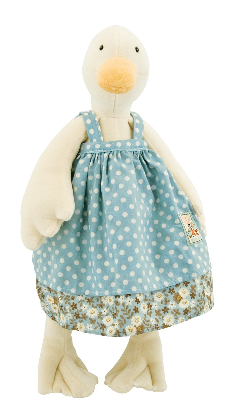 Jeanne the Duck wearing a beautiful blue and white polkadot dress. A favourite at Childplay